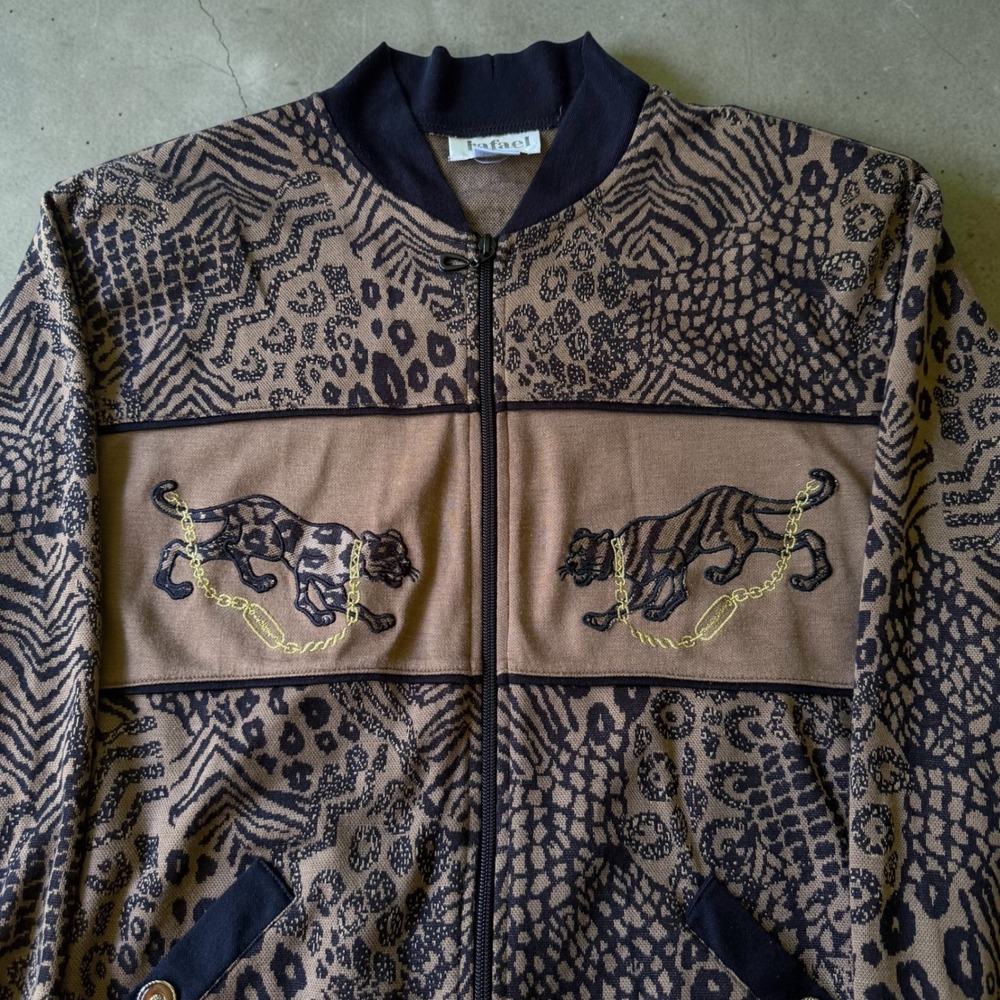 Vintage Rafael Men XL Animal Print Bomber Jacket Tiger Leopard Embroidered Zip